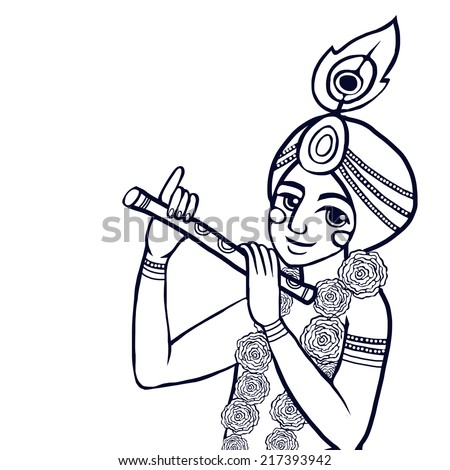 Krishna with floral wreath plays the flute on the white background