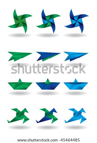 origami design elements - paper windmill, air plane, ship, bird 