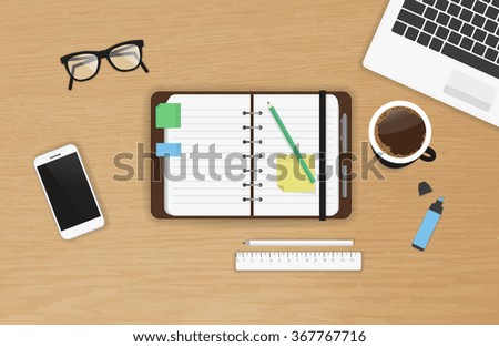 Realistic work desk organization with open diary and stickers for notes on the wooden textured table. Top view with cup of coffee, laptop, smartphone and pencil to write note and remarks - stock vector Realistic work desk organization with open diary and stickers for notes on the wooden textured table. Top view with cup of coffee, laptop, smartphone and pencil to write note and remarks - stock vector