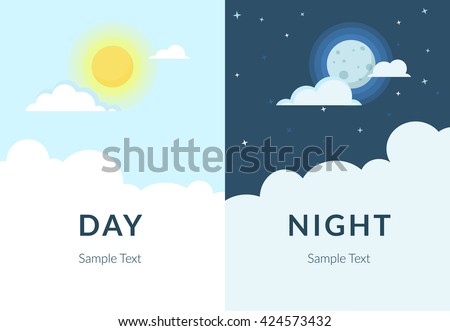 Half day and night, sun and moon with clouds. Flat illustration of sky and weather broadcasting, cloud and life, period and cycle for banners of mobile app backgrounds - stock vector Half day and night, sun and moon with clouds. Flat illustration of sky and weather broadcasting, cloud and life, period and cycle for banners of mobile app backgrounds - stock vector