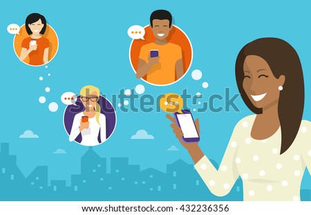 Smiling african woman holds the smartphone in her hand and sending messages to friend via messenger chat app. Flat illustration of instant texting and data sharing with friend via messenger mobile app - stock vector Smiling african woman holds the smartphone in her hand and sending messages to friend via messenger chat app. Flat illustration of instant texting and data sharing with friend via messenger mobile app - stock vector