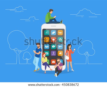 Young men and women are standing near big smartphone and using their own smart phones, reading news and texting message to friends. Flat concept illustration of smartphone usability on blue background - stock vector Young men and women are standing near big smartphone and using their own smart phones, reading news and texting message to friends. Flat concept illustration of smartphone usability on blue background - stock vector