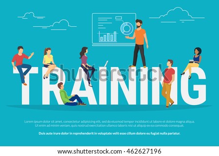 Training concept illustration of young people attending the professional training with skilled instructor. Flat design of guys and young women sitting on the big letters - stock vector Training concept illustration of young people attending the professional training with skilled instructor. Flat design of guys and young women sitting on the big letters - stock vector