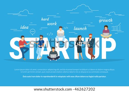 Startup concept flat illustration of business people working as team to launch the business. Young men have an idea, programmer works hard, managers and others promote the project using laptops - stock vector Startup concept flat illustration of business people working as team to launch the business. Young men have an idea, programmer works hard, managers and others promote the project using laptops - stock vector