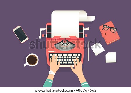 Womanâ??s hands typing an article on a vintage typewriter. Flat illustration of working process and author modern workplace. Business background for promotion and blogging Womanâ??s hands typing an article on a vintage typewriter. Flat illustration of working process and author modern workplace. Business background for promotion and blogging