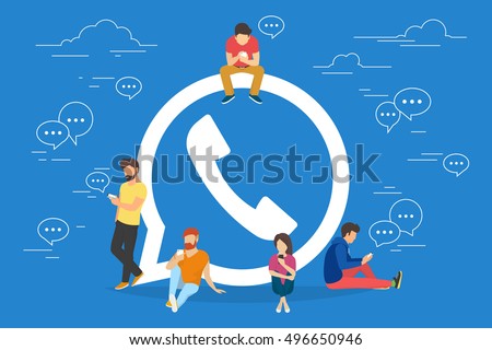 Symbol of mobile messenger concept illustration of young people using mobile gadgets such as tablet pc and smartphone for texting and calling via internet. Flat design of guys and women near symbol Symbol of mobile messenger concept illustration of young people using mobile gadgets such as tablet pc and smartphone for texting and calling via internet. Flat design of guys and women near symbol
