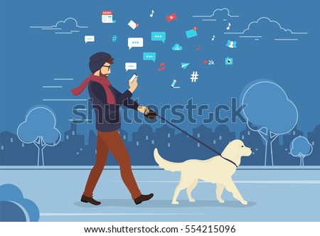 Man walking outdoors with dog in the evening and using smartphone to read news and messages in social networks. Flat concept illustration of people addiction to networks and spending time in internet Man walking outdoors with dog in the evening and using smartphone to read news and messages in social networks. Flat concept illustration of people addiction to networks and spending time in internet