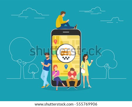 Booking taxi online concept design. Flat illustration of young men and women standing near big smartphone and using their own smart phones for ordering taxi cab via mobile app and paying online. Booking taxi online concept design. Flat illustration of young men and women standing near big smartphone and using their own smart phones for ordering taxi cab via mobile app and paying online.