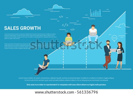 Business graph growth concept illustration of professional people working together as team and sitting on chart. Flat people working with laptops to develop business. Blue background with copy space Business graph growth concept illustration of professional people working together as team and sitting on chart. Flat people working with laptops to develop business. Blue background with copy space