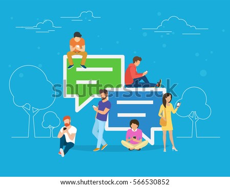 Speech bubbles for comment anf reply concept flat vector illustration of young people using mobile smartphone for texting and leaving comments in social networks. Guys and women sitting on big symbols Speech bubbles for comment anf reply concept flat vector illustration of young people using mobile smartphone for texting and leaving comments in social networks. Guys and women sitting on big symbols