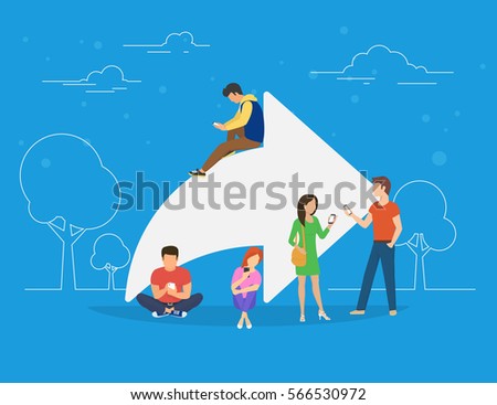 Share symbol concept illustration of young people using mobile smartphone for sharing posts in social networks. Flat people addicted to posting images and news sitting on big symbol Share symbol concept illustration of young people using mobile smartphone for sharing posts in social networks. Flat people addicted to posting images and news sitting on big symbol