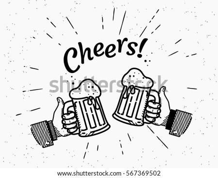 Two hands with thumbs up symbol icon of cold beer glasses. Retro fashioned illustration of friends hands holds beer bottle with handwritten lettering text cheers on grunge background Two hands with thumbs up symbol icon of cold beer glasses. Retro fashioned illustration of friends hands holds beer bottle with handwritten lettering text cheers on grunge background