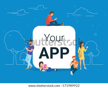 Young men and women are standing near big mobile app symbol and using their smart phones, reading news and texting message to friends. Flat concept illustration of white app blank on blue background Young men and women are standing near big mobile app symbol and using their smart phones, reading news and texting message to friends. Flat concept illustration of white app blank on blue background