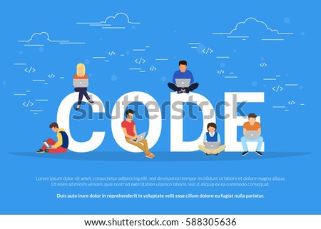 Code concept illustration of students using laptops for developing programs and app. Flat modern design of young programmers coding a new project sitting on big letters and working hard Code concept illustration of students using laptops for developing programs and app. Flat modern design of young programmers coding a new project sitting on big letters and working hard