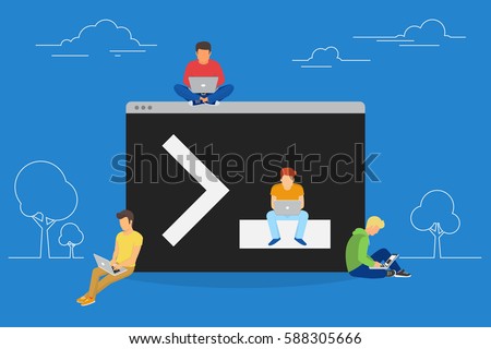 Young programmers coding a new project sitting near console on symbol of command line. Flat modern vector illustration of young programmer coding a new project using computer and developing script Young programmers coding a new project sitting near console on symbol of command line. Flat modern vector illustration of young programmer coding a new project using computer and developing script