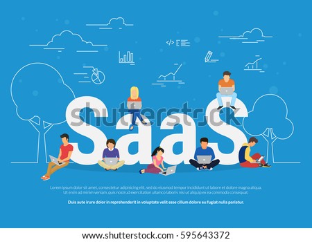 Software as service concept illustration of young men and women using devices such as laptop, smartphone, tablets for cloud software. Flat design of people subscribed to saas sitting on the letters Software as service concept illustration of young men and women using devices such as laptop, smartphone, tablets for cloud software. Flat design of people subscribed to saas sitting on the letters