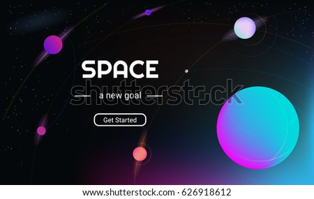 Vector realistic and futuristic space background with bright light planets and stars. Cosmos banner with neon light 3d objects and glowing tracks. Abstract universe with big blue planet and promo text Vector realistic and futuristic space background with bright light planets and stars. Cosmos banner with neon light 3d objects and glowing tracks. Abstract universe with big blue planet and promo text
