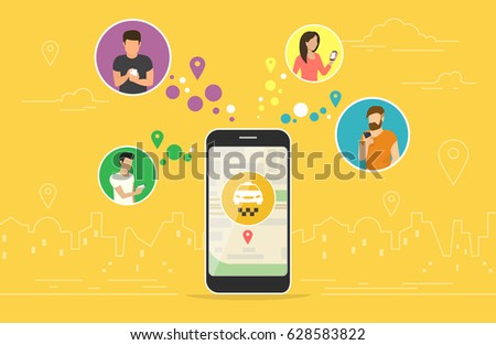 Booking taxi online concept design. Flat vector illustration of young men and women in circle icons using smartphone mobile app for ordering taxi vehicle via application online. Yellow banner for web Booking taxi online concept design. Flat vector illustration of young men and women in circle icons using smartphone mobile app for ordering taxi vehicle via application online. Yellow banner for web