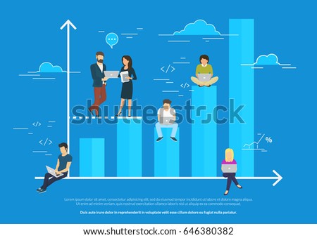 Business graph growth concept vector illustration of professional people working as team and sitting on blue growing chart. Flat people using laptops to develop business. Blue business background Business graph growth concept vector illustration of professional people working as team and sitting on blue growing chart. Flat people using laptops to develop business. Blue business background