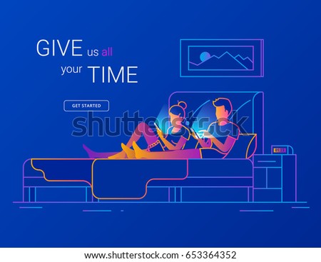 Young couple spending time in bed using smartphones for social networking, reading news, watching video, searching internet. Modern gradient line vector illustration of two people wasting night time Young couple spending time in bed using smartphones for social networking, reading news, watching video, searching internet. Modern gradient line vector illustration of two people wasting night time
