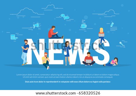 Online breaking news concept vector illustration. Young men and women are standing near big letters and using their own smart phones for reading news. Flat design of broadcasting on blue background Online breaking news concept vector illustration. Young men and women are standing near big letters and using their own smart phones for reading news. Flat design of broadcasting on blue background