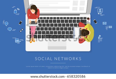Young people sitting on the laptop and working with laptops in social networks for business project. Flat illustration top view of woman and man using laptop and typing on keyboard for blog or website Young people sitting on the laptop and working with laptops in social networks for business project. Flat illustration top view of woman and man using laptop and typing on keyboard for blog or website