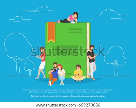 E-book concept vector illustration of young people using smartphones and tablet pc for reading interesting books and education. Flat design of guys and girls sitting near big book and reading E-book concept vector illustration of young people using smartphones and tablet pc for reading interesting books and education. Flat design of guys and girls sitting near big book and reading