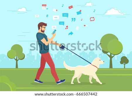 Man walking with dog outdoors in park and using smartphone to read news and messages in social networks. Flat vector illustration of people addiction to networks and publishing images for likes Man walking with dog outdoors in park and using smartphone to read news and messages in social networks. Flat vector illustration of people addiction to networks and publishing images for likes