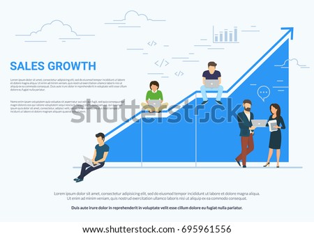Business sales growth concept vector illustration of professional people working as team and sitting on blue growing chart. Flat people using laptops to develop business. White business background Business sales growth concept vector illustration of professional people working as team and sitting on blue growing chart. Flat people using laptops to develop business. White business background