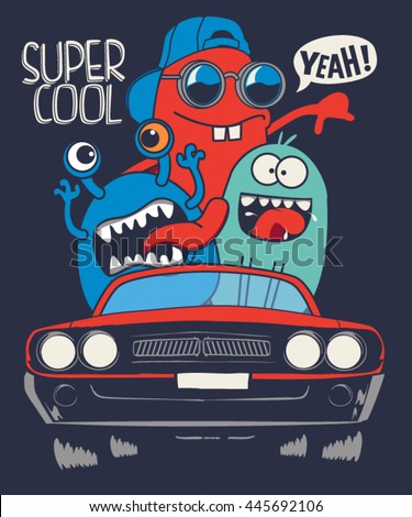 cute monsters in car vector design - stock vector