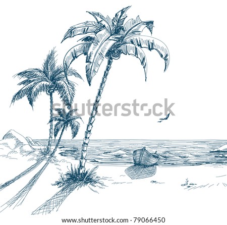 Beach Sunset With Palm Trees Drawing