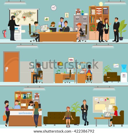 scenes of people working in the office. Interior office. Vector. open space office building with working people. people working in the office building. clerks in the office interior. - stock vector scenes of people working in the office. Interior office. Vector. open space office building with working people. people working in the office building. clerks in the office interior. - stock vector