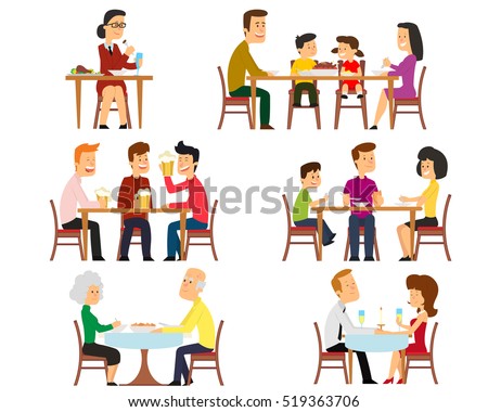 Collection of 6 vector illustrations on the theme of people eat. family at the table having breakfast. Friends drinking beer at the meeting. romantic date. dinner elderly couple. Collection of 6 vector illustrations on the theme of people eat. family at the table having breakfast. Friends drinking beer at the meeting. romantic date. dinner elderly couple.