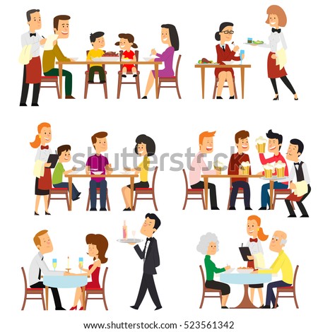 different situations in the restaurant. Waiters serve the tables in the cafeteria. isolated on white background vector illustration. different situations in the restaurant. Waiters serve the tables in the cafeteria. isolated on white background vector illustration.