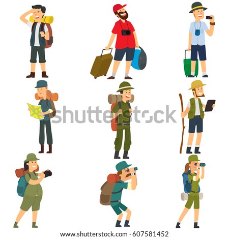 People with backpacks are hiking. Men and women in camp clothes isolated on white background. vector illustration. People with backpacks are hiking. Men and women in camp clothes isolated on white background. vector illustration.