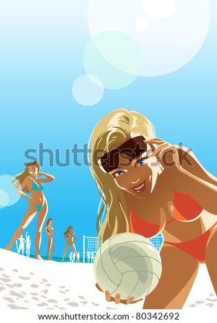 Download this The Charming Girl Invites Play Beach Volleyball Stock Vector picture