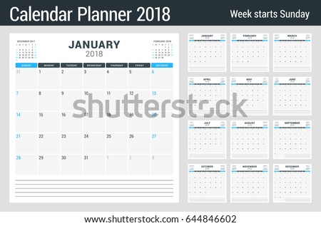Calendar planner for 2018 year. Set of 12 months. Vector design template. Week starts on Sunday. Stationery design Calendar planner for 2018 year. Set of 12 months. Vector design template. Week starts on Sunday. Stationery design