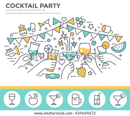 Cocktail party invitation concept template, hands of friends with alcohol drinks making toast vector illustration, thin line, flat design - stock vector Cocktail party invitation concept template, hands of friends with alcohol drinks making toast vector illustration, thin line, flat design - stock vector