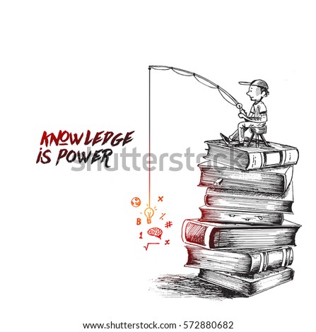 Fisherman sitting in the book with a spinning rod catching ideas, Hand Drawn Sketch Vector illustration. Fisherman sitting in the book with a spinning rod catching ideas, Hand Drawn Sketch Vector illustration.