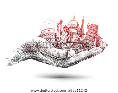Hand with Travel the world hand monuments concept, Hand Drawn Sketch Vector illustration. Hand with Travel the world hand monuments concept, Hand Drawn Sketch Vector illustration.