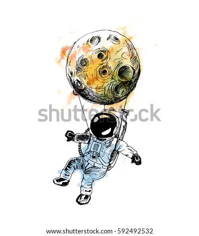 Moon hanging astronauts space mission, Hand Drawn Sketch Vector illustration. Moon hanging astronauts space mission, Hand Drawn Sketch Vector illustration.