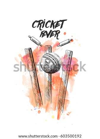 Cricket ball hitting bowling over wicket freehand sketch graphic design, vector illustration Cricket ball hitting bowling over wicket freehand sketch graphic design, vector illustration