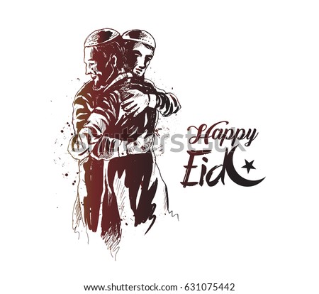 Muslim man hugging and wishing to each other on occasion of Eid celebration, Hand Drawn Sketch Vector illustration. Muslim man hugging and wishing to each other on occasion of Eid celebration, Hand Drawn Sketch Vector illustration.