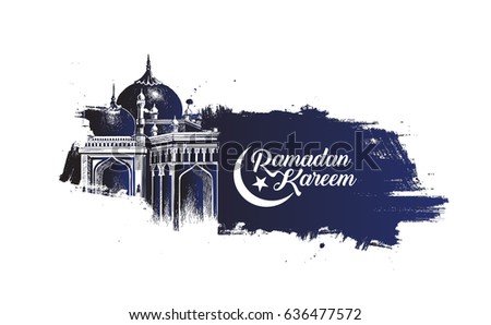 Eid Mubarak celebration- calligraphy stylish lettering Ramadan Kareem text with mosque. Vector illustration. Eid Mubarak celebration- calligraphy stylish lettering Ramadan Kareem text with mosque. Vector illustration.