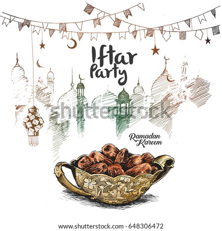 Ramadan Kareem Iftar party celebration, Hand Drawn Sketch Vector illustration. Ramadan Kareem Iftar party celebration, Hand Drawn Sketch Vector illustration.