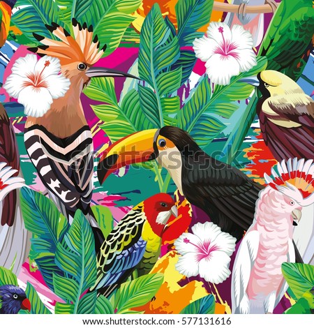 Seamless a composition of tropical bird toucan, parrot, hoopoe and palm leaves with white hibiscus flowers on multicolor background painted with a brush Seamless a composition of tropical bird toucan, parrot, hoopoe and palm leaves with white hibiscus flowers on multicolor background painted with a brush
