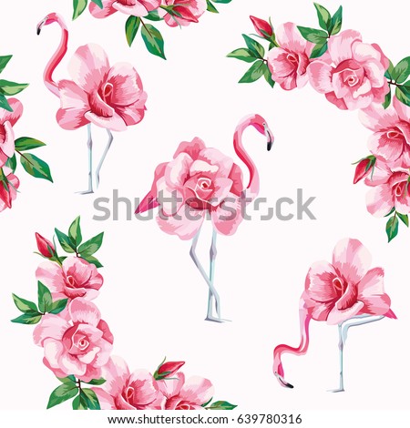 Beach image of a wallpaper with a beautiful tropic pink flamingo and rose flowers. Seamless vector composition on white background Beach image of a wallpaper with a beautiful tropic pink flamingo and rose flowers. Seamless vector composition on white background