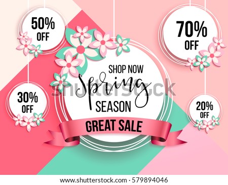 Spring season sale offer, banner template. Pink ribbon with lettering, isolated on pink background with roses. Feminine sale tag. Shop market poster design. Vector illustration. Elegant luxury design Spring season sale offer, banner template. Pink ribbon with lettering, isolated on pink background with roses. Feminine sale tag. Shop market poster design. Vector illustration. Elegant luxury design
