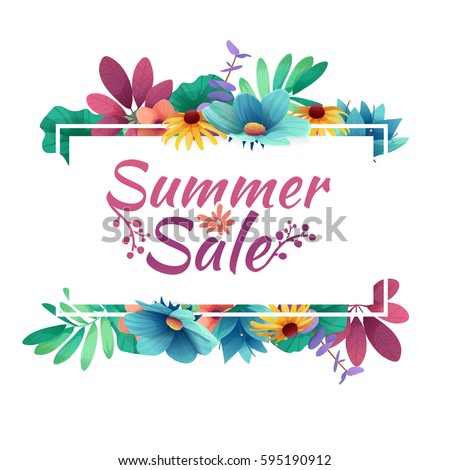 Design banner with summer sale logo. Discount card for summer season with white frame and herb. Promotion offer with summer plants, leaves and flowers decoration. Vector Design banner with summer sale logo. Discount card for summer season with white frame and herb. Promotion offer with summer plants, leaves and flowers decoration. Vector