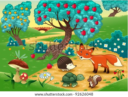 Animals in the wood. Funny cartoon and vector illustration - stock vector